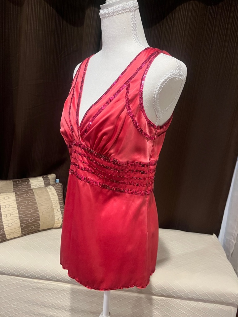 bebe Red Satin Beaded V-Neck Camisole - Picture 2 of 3